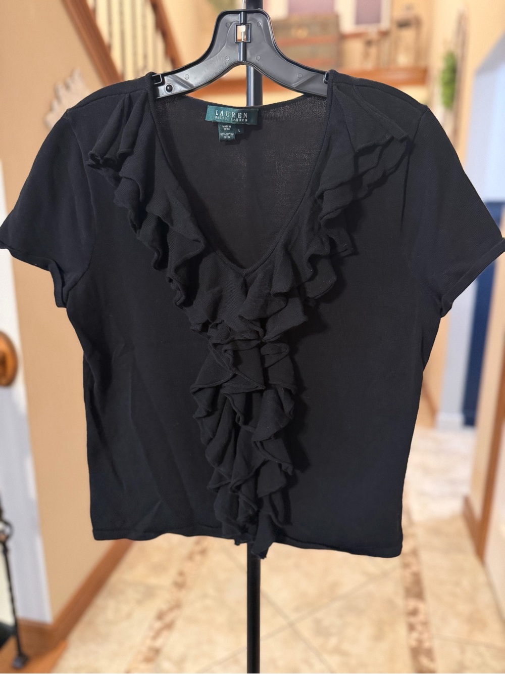 Lauren Ralph Lauren Black Ruffle V-Neck Short Sleeve Top Size L